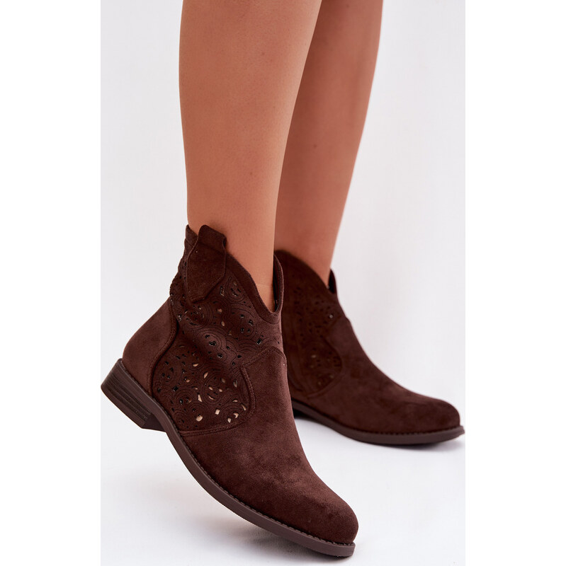 Kesi Čokoládové dámske členkové topánky na plochom podpätku s ažúrovým 68223064