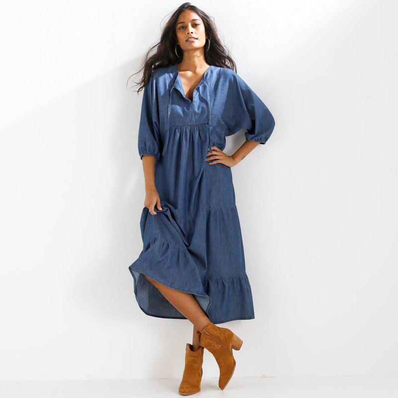 Dlhé rozšírené šaty z denimu modrá 038 Blancheporte 68262054