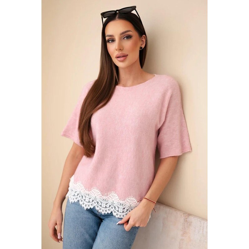 MladaModa Sveter s krátkym rukávom a čipkou dole model 26018 68262380