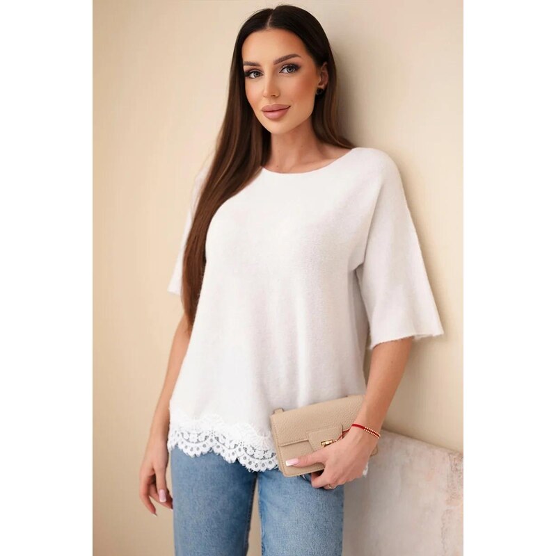 MladaModa Sveter s krátkym rukávom a čipkou dole model 26018 béžový 68264115