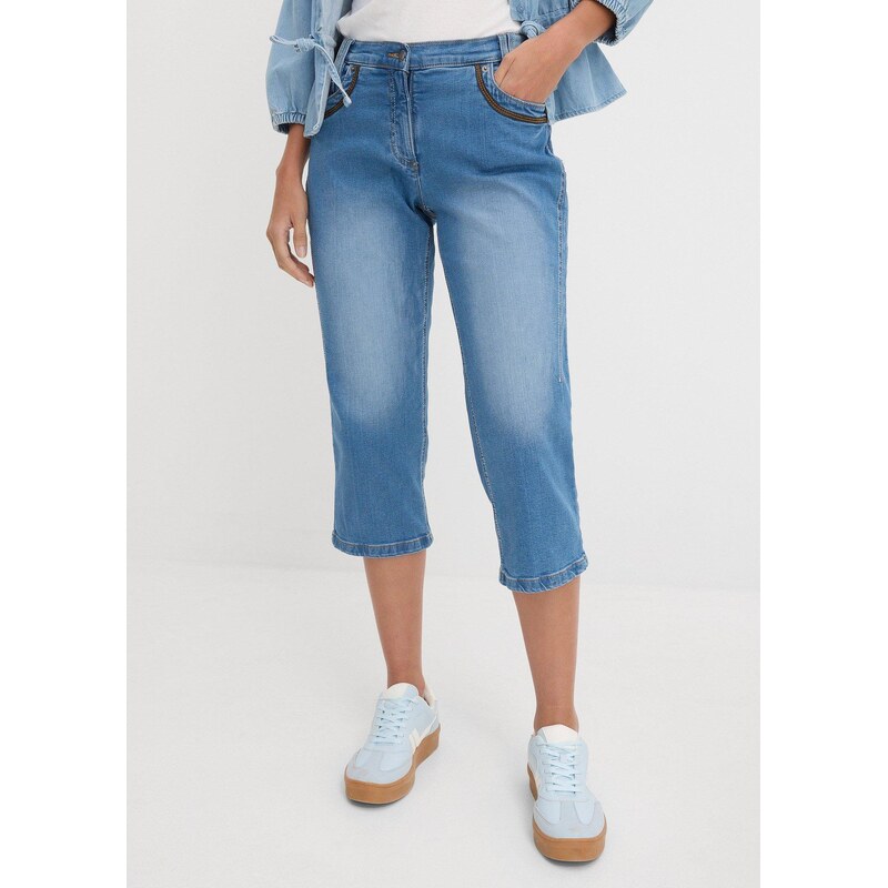 bonprix Slim Fit džínsy, capri, stredná výška pásu, farba modrá 67512032