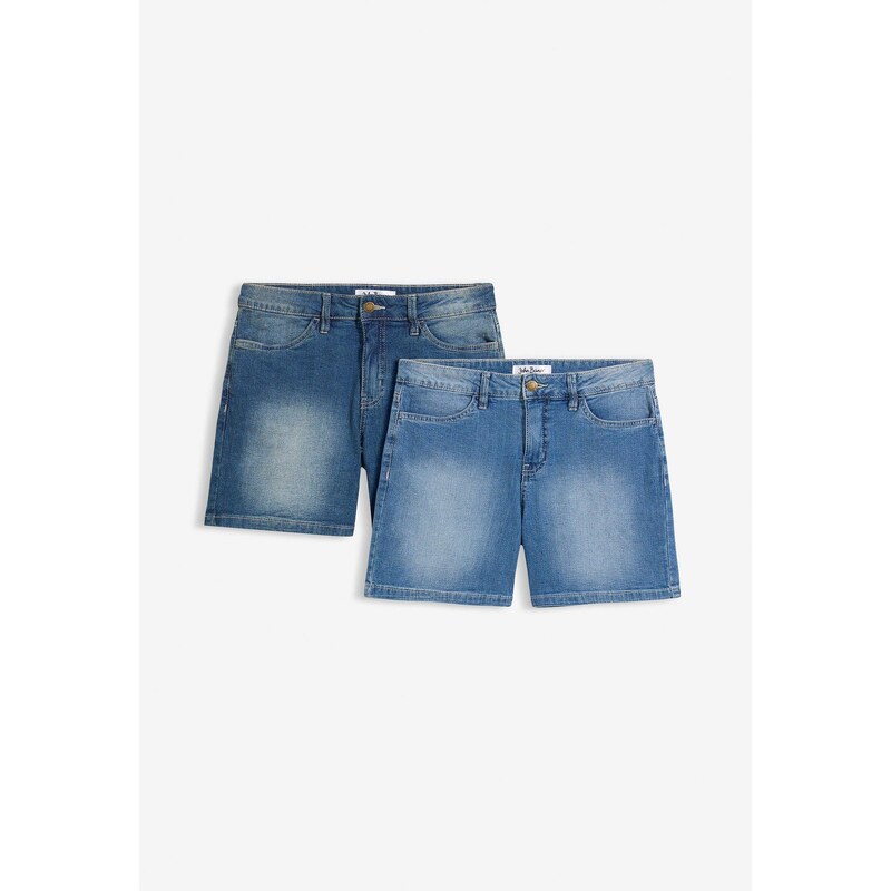 bonprix Džínsové strečové šortky, 2 ks, stredná výška pásu, farba 44790818