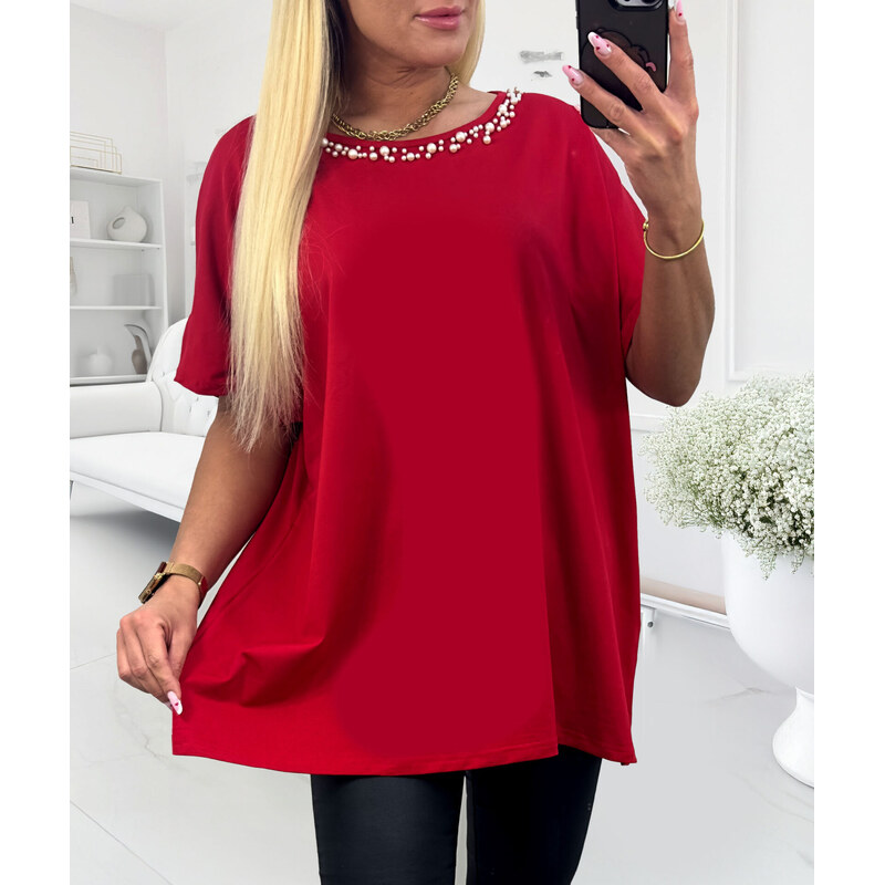 E-shop Top s perlami okolo výstrihu červený
