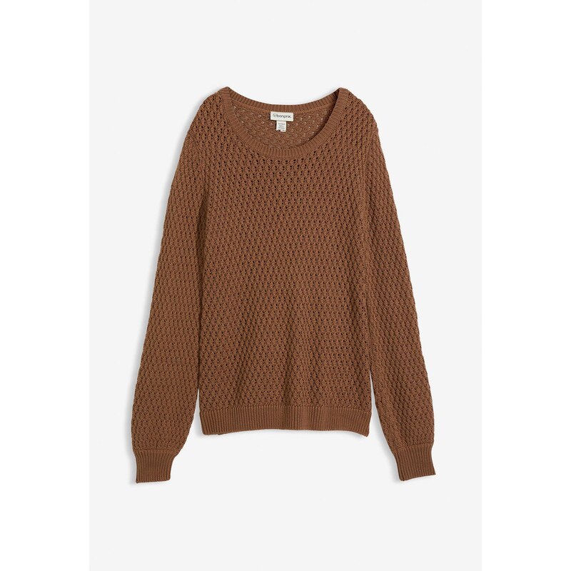 bonprix Pulóver s pletenou štruktúrou, z bavlneného mixu, farba hnedá 65006399