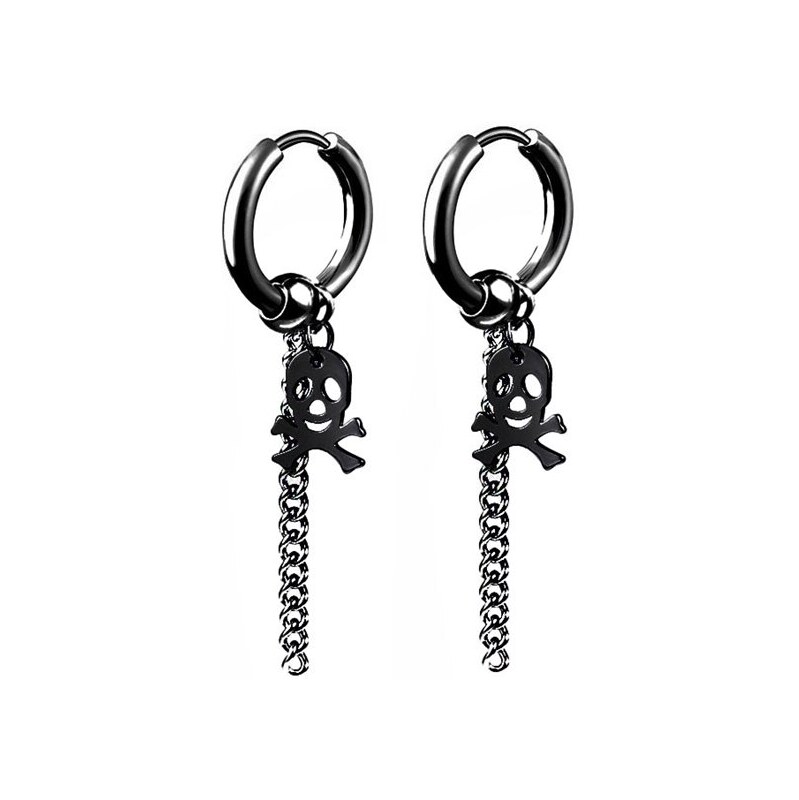 Impress Jewelry Oceľové náušnice krúžok s Lebkou a retiazkou Čierna 68300041