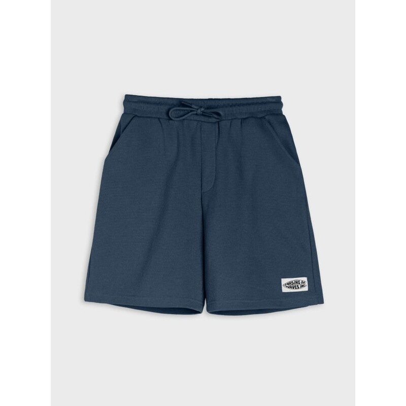 Sinsay - Bavlnené voľné šortky z waflovej pleteniny - tmavomodrá 68324062