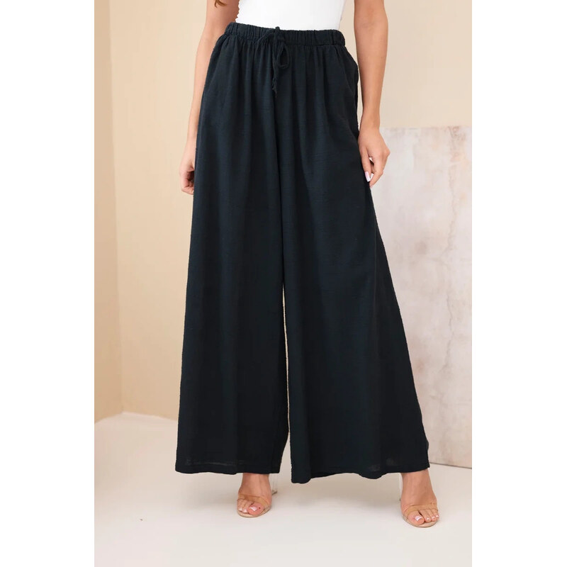 K-Fashion Dámske široké bavlnené nohavice s elastickým pásom čierne 68366064