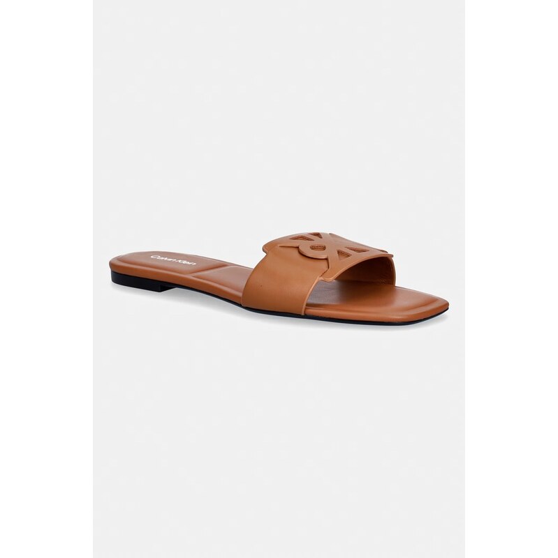 Calvin Klein šľapky dámske kožené SQUARE FLAT SANDAL EMBLEM 68383502