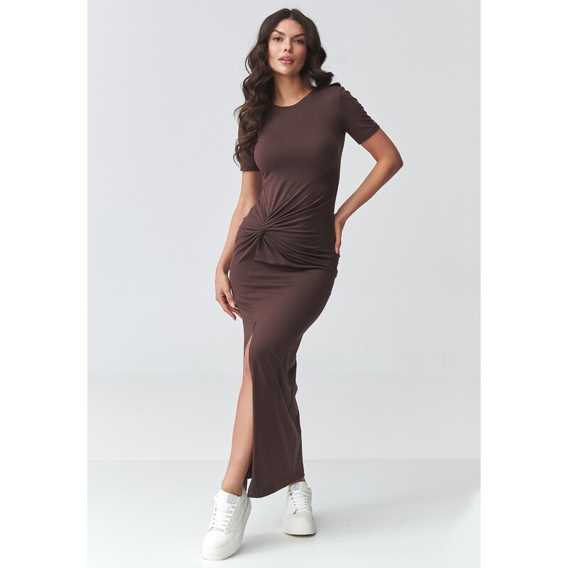 Makadamia Priliehavé šaty s rozparkom M931 | čokoládová m931 68389350
