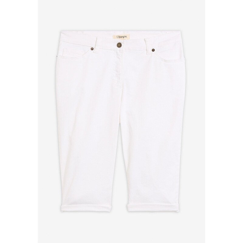 bonprix Strečové džínsové bermudy s vyhnutým koncom, farba biela 44981955