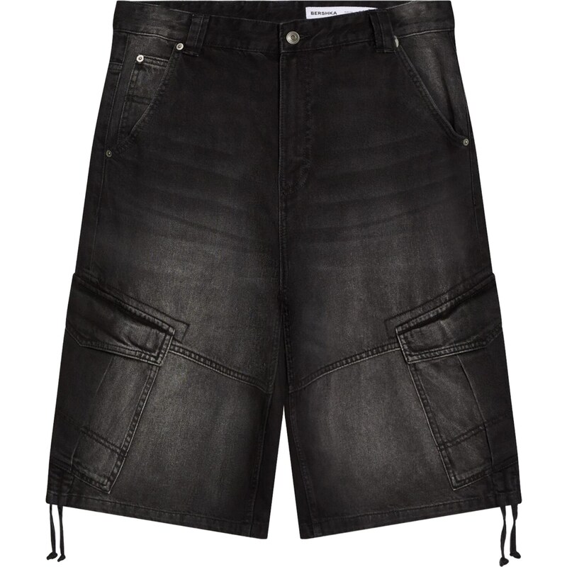 Bershka Rifľové kapsáče čierny denim 68428028