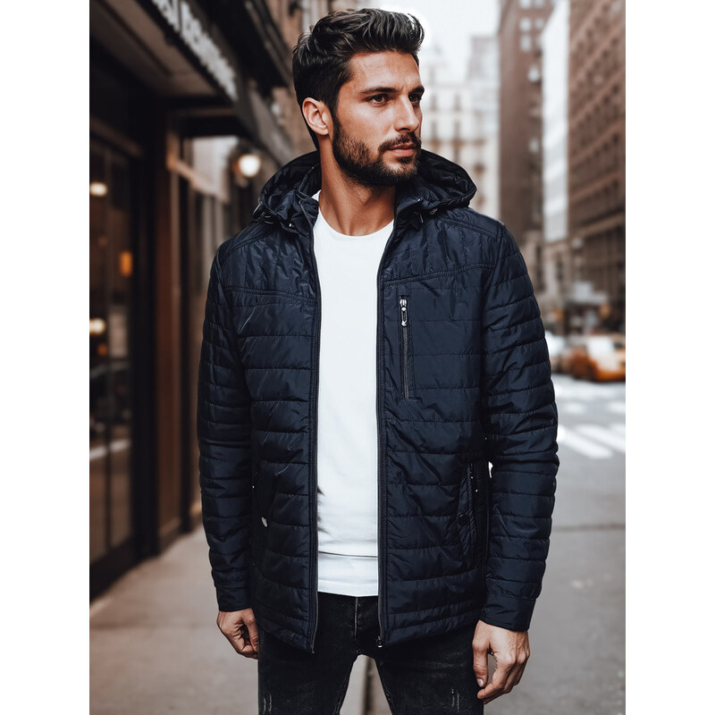 Pánska prechodná prešívaná bunda s kapucňou tmavomodrá FashionStreet 68429971