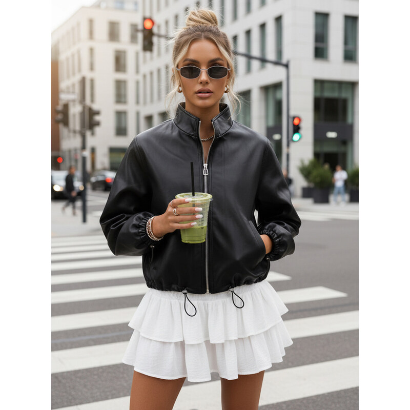 BASIC Dámska čierna bomber bunda z ekokože so stojačikom 68463703