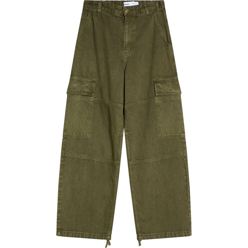 Bershka Rifľové kapsáče kaki 68479044