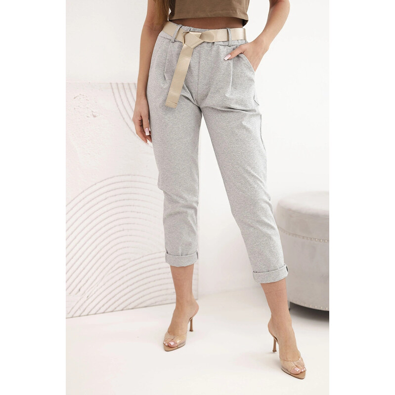 K-Fashion Nohavice Punto s opaskom sivý melanž 68477220