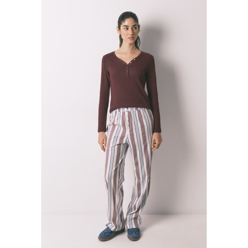 womensecret Dlhé bordové bavlnené nohavice s pruhovaným vzorom 68525263