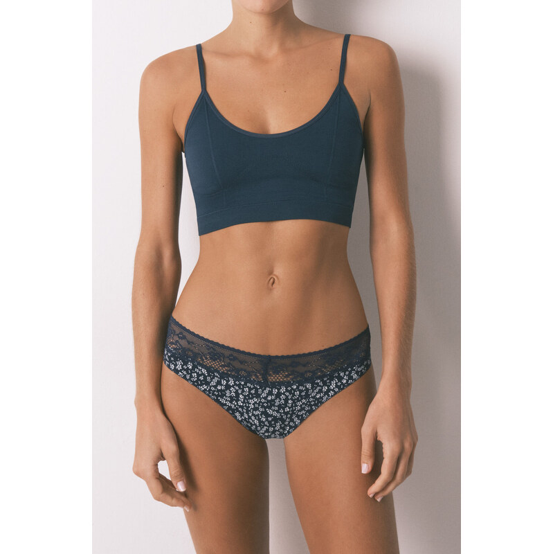 womensecret Klasické modré bavlnené pyžamo s kvetinovým vzorom 68525270