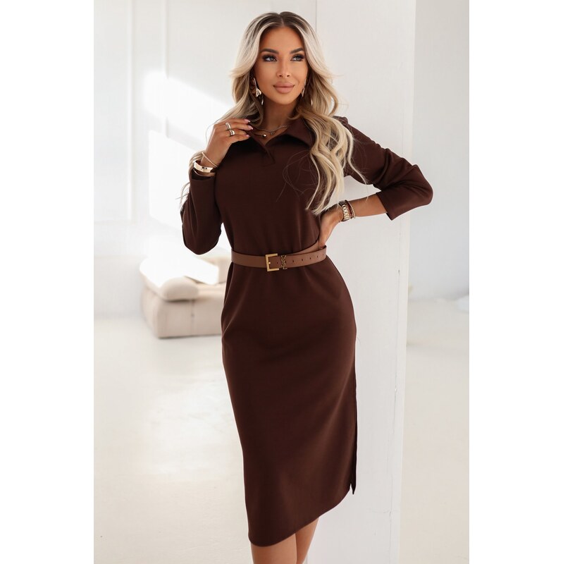 Numoco midi šaty s golierom a bočným rázporkom čokoládové 68499117