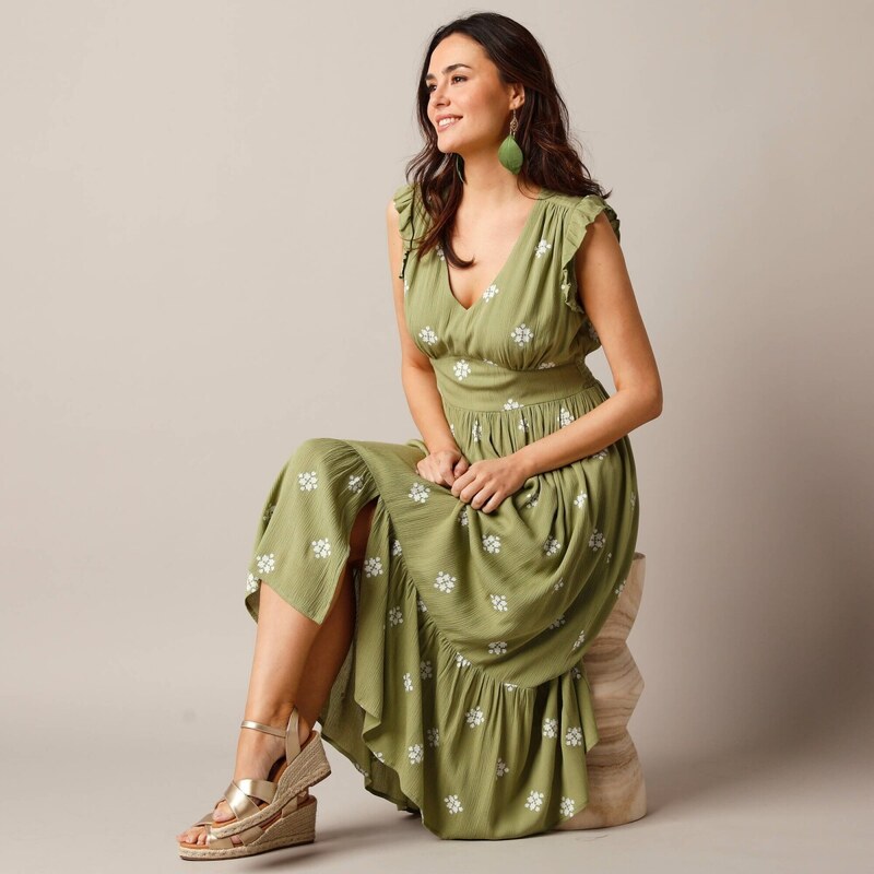 Dlhé krepónové šaty s potlačou khaki/ražná 040 Blancheporte 62884838