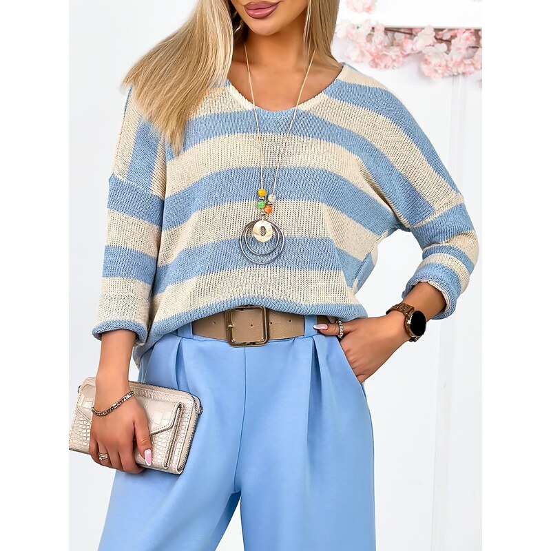 Fashionweek Dámsky bavlnený sveter s pásikmi výstrih do V IT-KALO 68502059