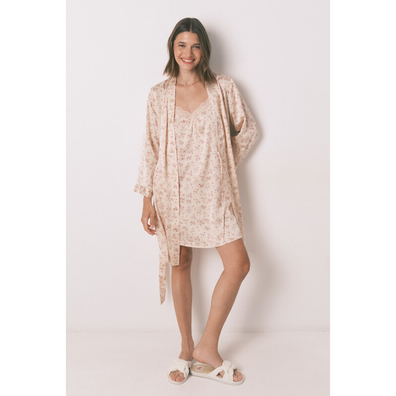 womensecret Ružový saténový midi župan s kvetinovým vzorom 68524324