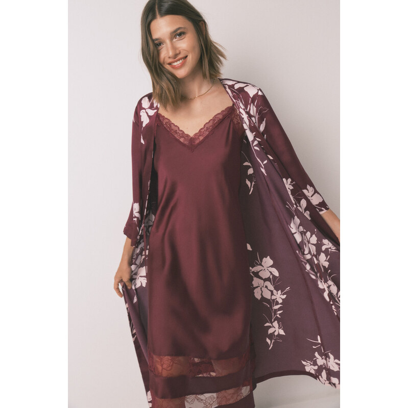 womensecret Dlhý bordový saténový župan 68524323