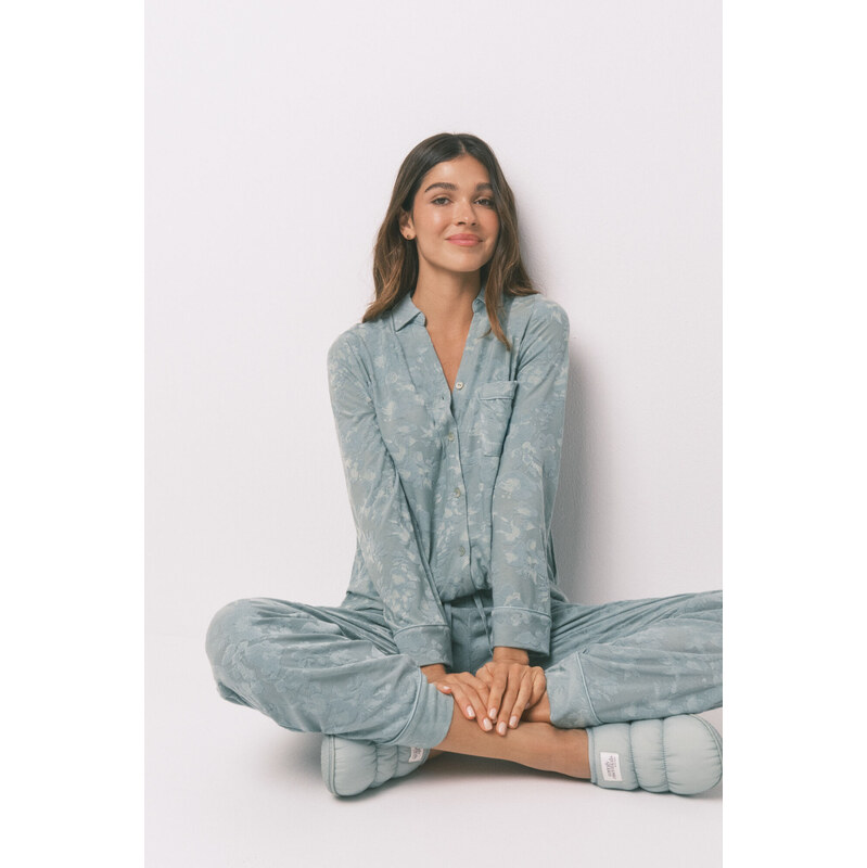 womensecret Klasické dlhé zelené pyžamo s kvetinovým vzorom 68524330