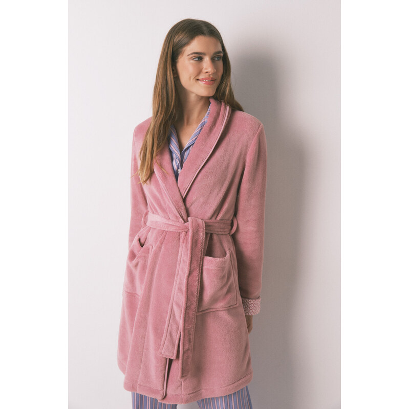 womensecret Midi ružový flísový župan 68524521