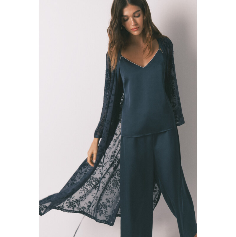 womensecret Dlhý voľný modrý župan zo saténu 68524682