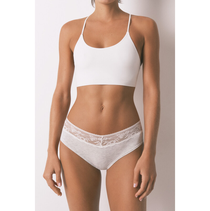 womensecret Široké sivé bavlnené nohavičky s čipkou 68524713