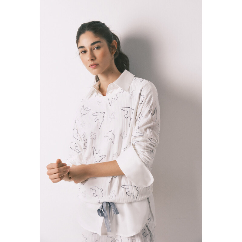 womensecret Dlhé modré pyžamo z rebrovaného materiálu s motívom 68525072