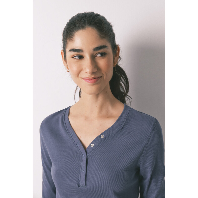 womensecret Modré bavlnené tričko s dlhým rukávom 68525097