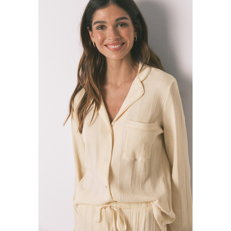 womensecret Klasické žlté dlhé pyžamo z rebrovaného materiálu 68525099