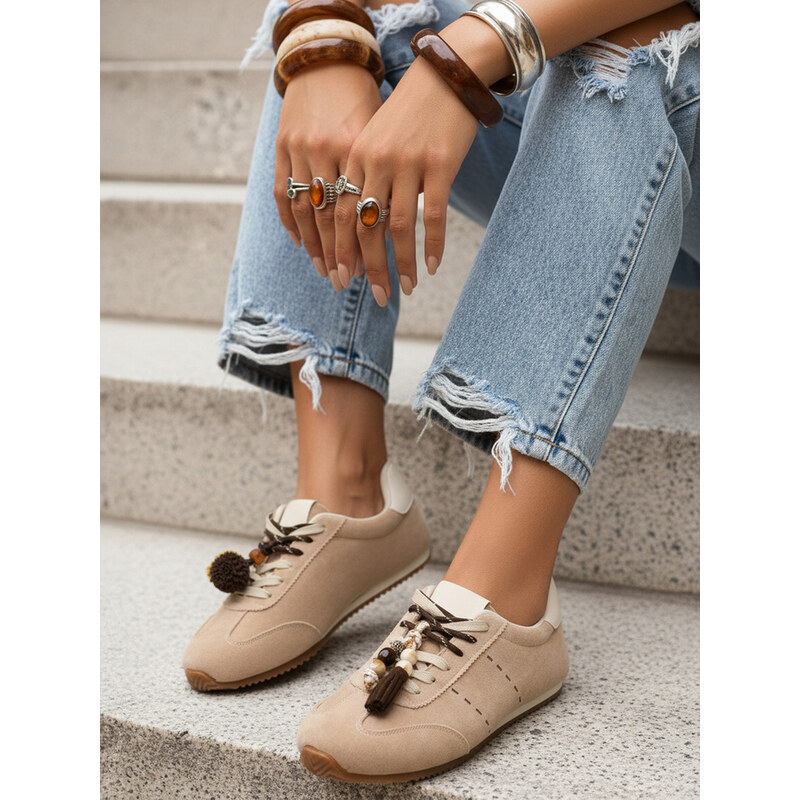 BASIC Dstreet dámske semišové sneakersy s ozdobnými brmbolcami béžové 68546305