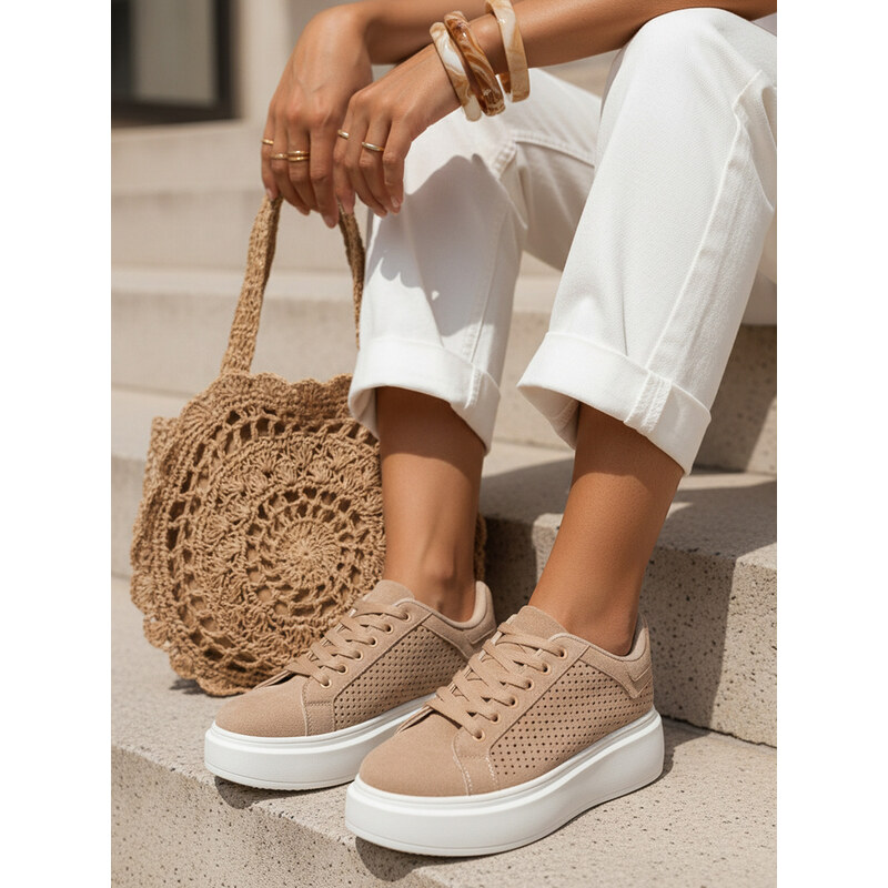 BASIC Dstreet dámske semišové sneakersy na vysokej podrážke béžovej 68546311