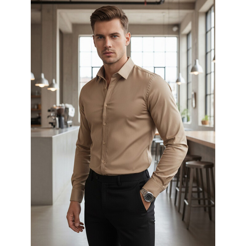 BASIC Dstreet pánska elegantná košeľa SLIM FIT béžová 68546323