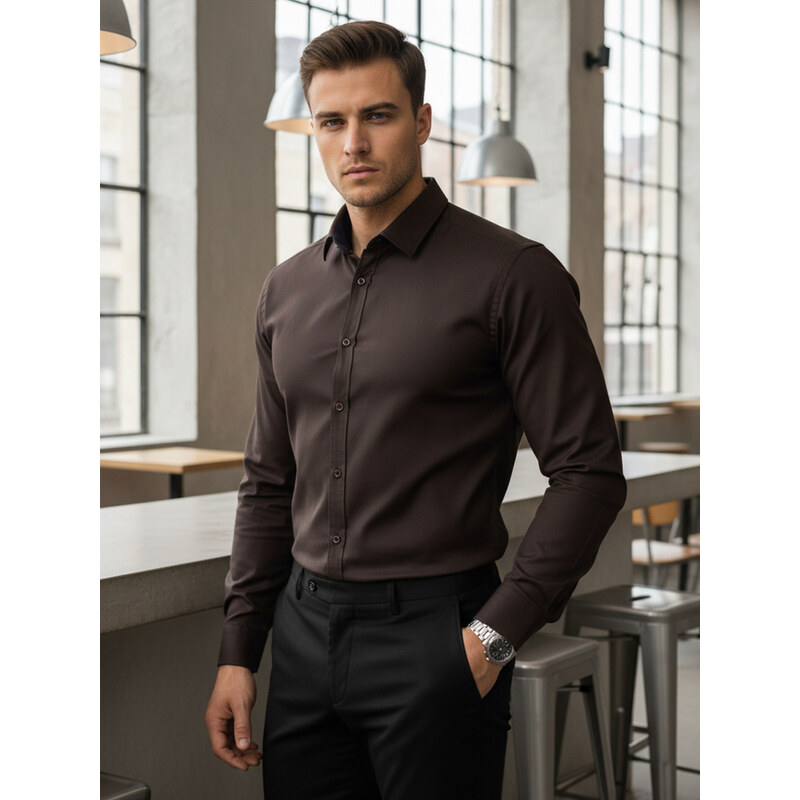 BASIC Dstreet pánska elegantná košeľa SLIM FIT tmavo hnedá 68546328