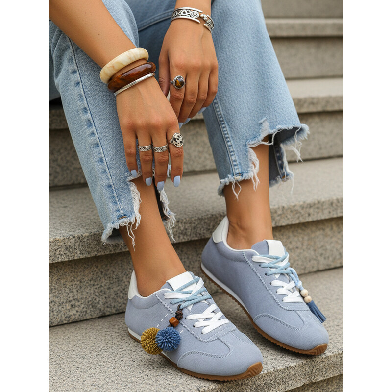 BASIC Dstreet dámske semišové sneakersy s ozdobnými brmbolcami modré 68557535