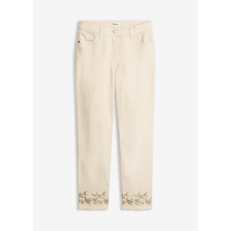 bonprix Twillové nohavice s výšivkou, farba béžová 68571823