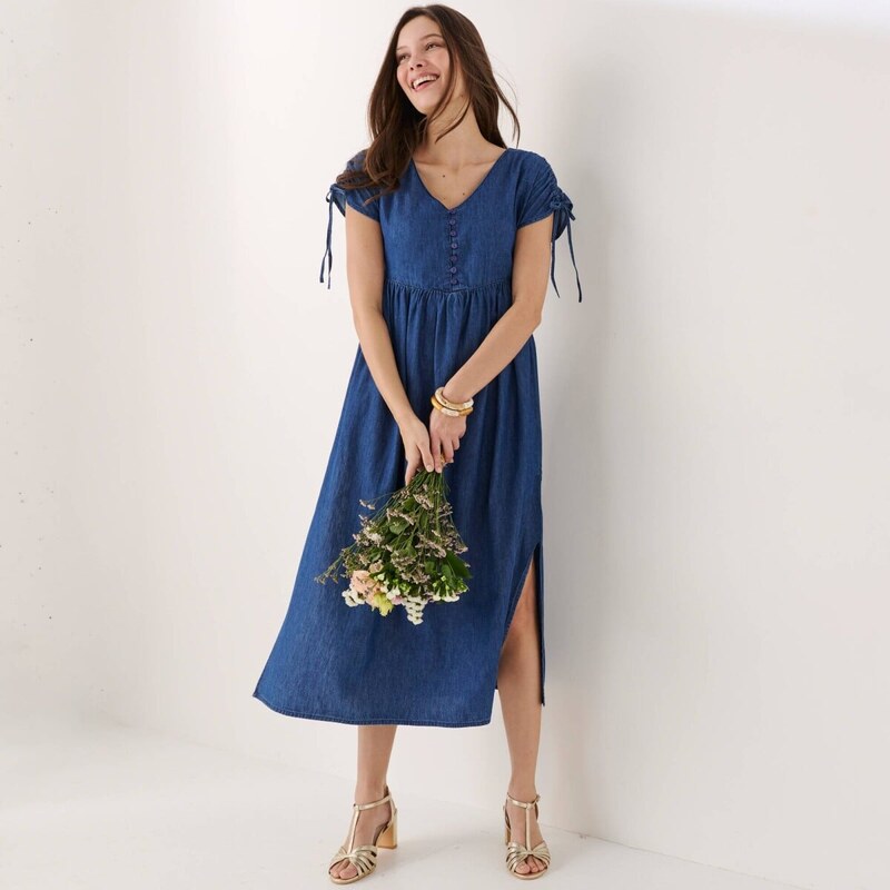 Midi šaty z denimu na zapínanie a rozparkom modrá 046 Blancheporte 68610269
