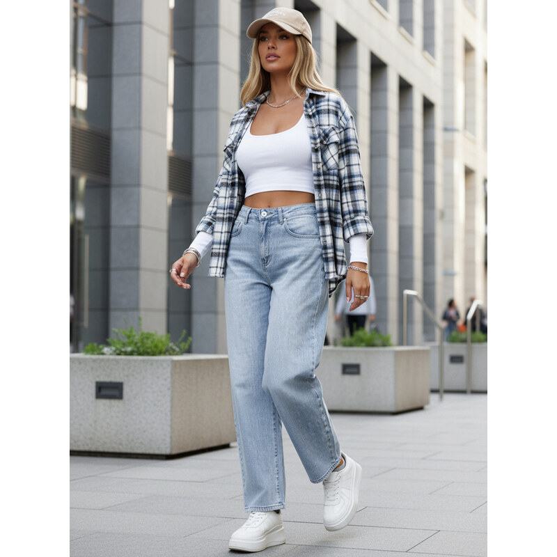 BASIC Dámske baggy jeans s vysokým pásom svetlo modré 68629974