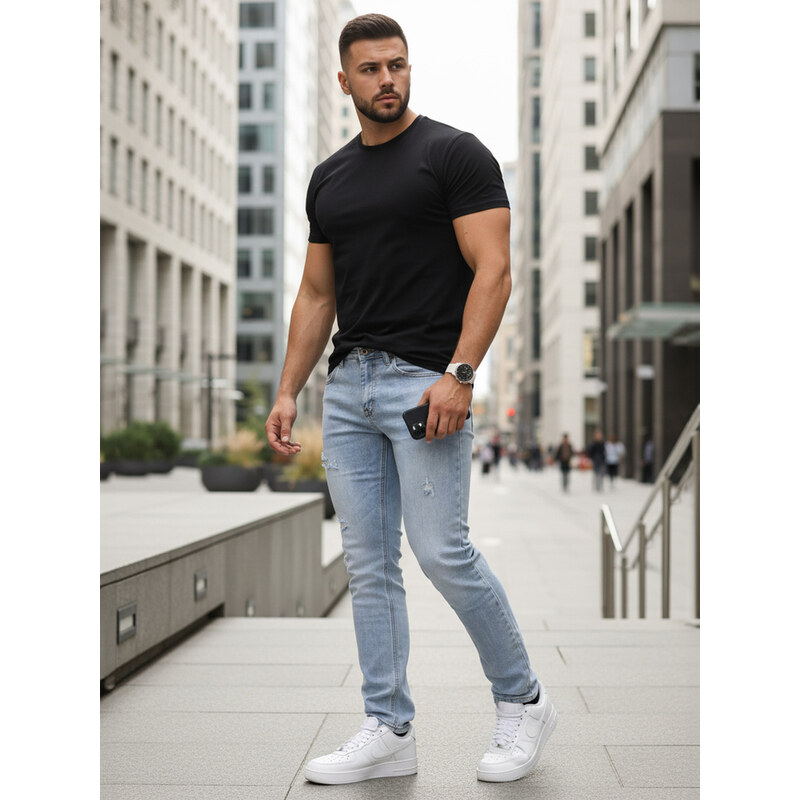 E-shop BASIC Pánske džínsy slim fit s odreninami svetlo modré