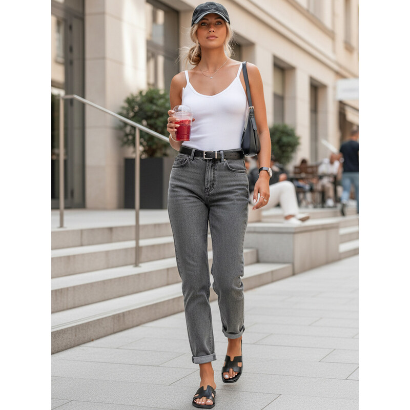 BASIC Dámske džínsy mom fit s opaskom šedej 68943628