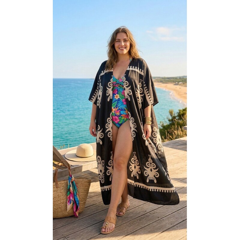 Kaftan s krémovými ornamentmi čierny 68595449