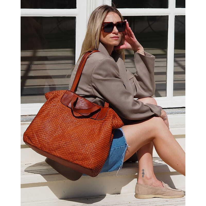 E-shop MARCO MAZZINI Camel pletená shopper kabelka
