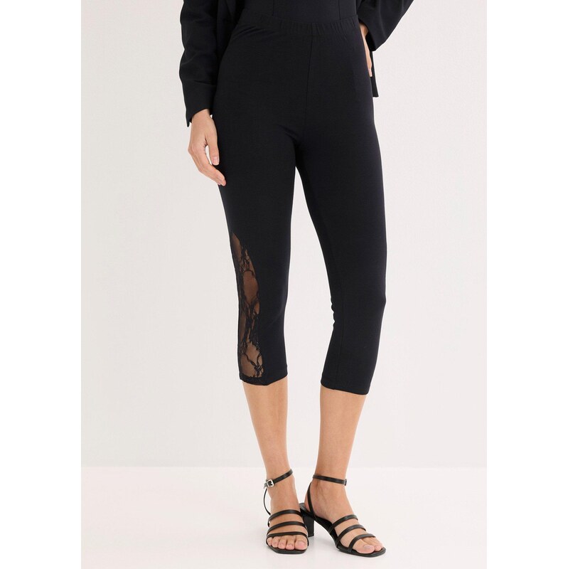E-shop bonprix Capri legíny s čipkou, farba čierna