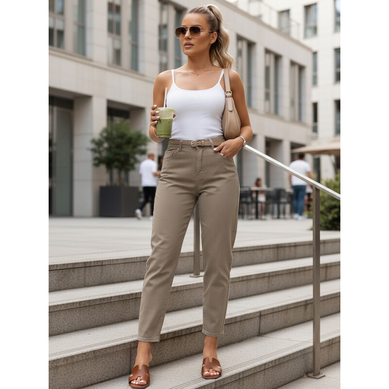BASIC Dámske džínsy mom fit s opaskom šedo-béžovej 68966608