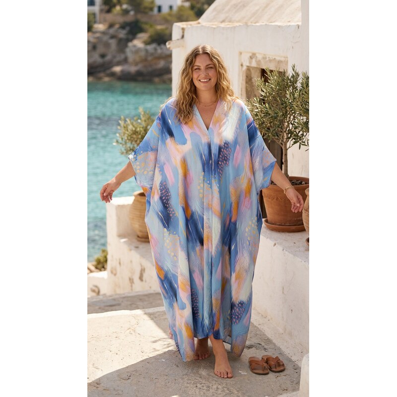 Vzorovaný kaftan s krátkymi rukávmi modrý 68588983