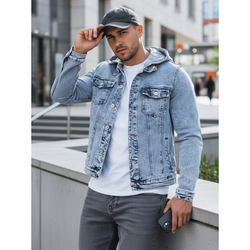 E-shop Kurtka męska jeansowa z kapturem niebieska Dstreet TX4850