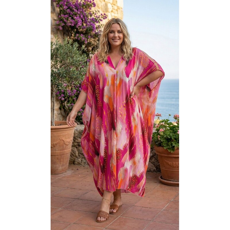 Vzorovaný kaftan s krátkymi rukávmi ružový 69002514